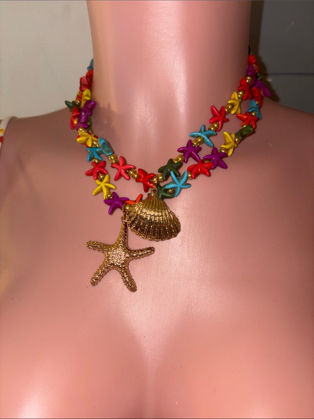 Handmade Goldtone Shell & Starfish Pendant Multicolor Bead Necklace